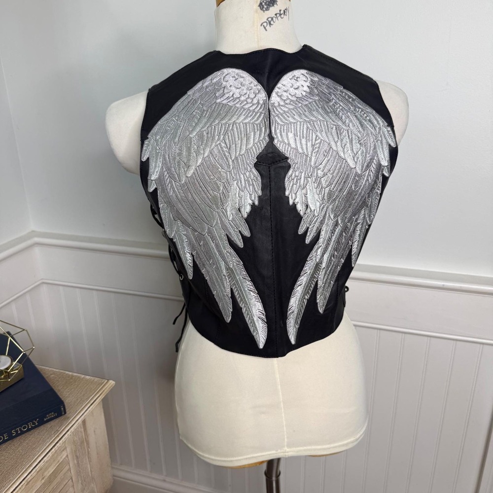 Alpha Cycle Gear Womens Black Faux Leather Angel Wing Biker Vest Lace Up Medium